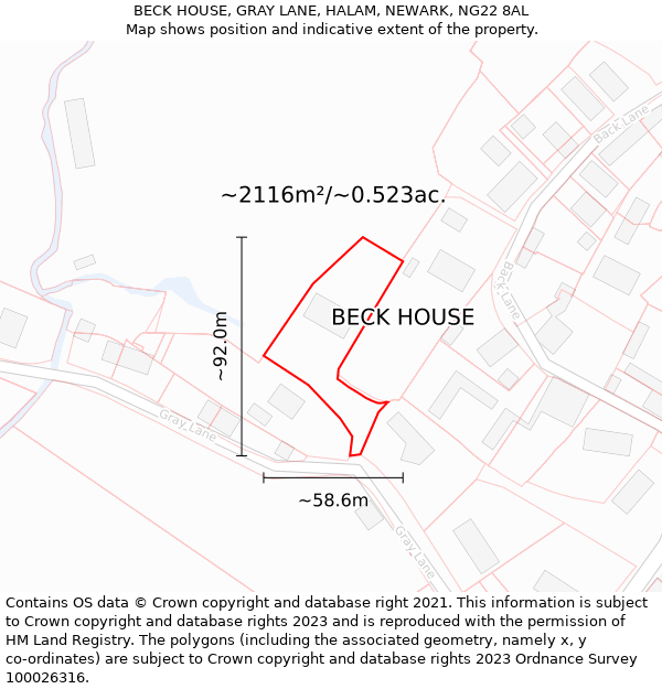 BECK HOUSE, GRAY LANE, HALAM, NEWARK, NG22 8AL: Plot and title map