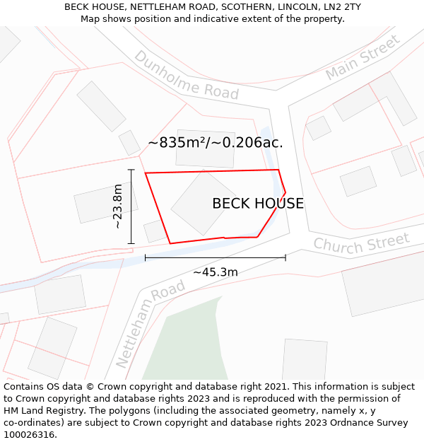 BECK HOUSE, NETTLEHAM ROAD, SCOTHERN, LINCOLN, LN2 2TY: Plot and title map