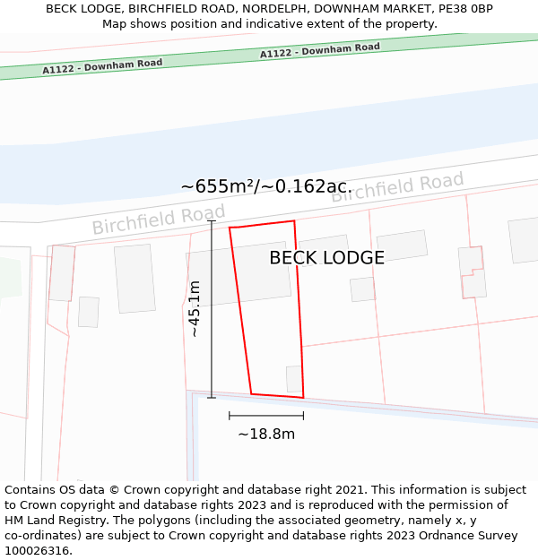 BECK LODGE, BIRCHFIELD ROAD, NORDELPH, DOWNHAM MARKET, PE38 0BP: Plot and title map