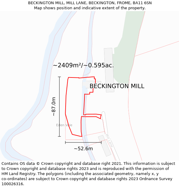 BECKINGTON MILL, MILL LANE, BECKINGTON, FROME, BA11 6SN: Plot and title map