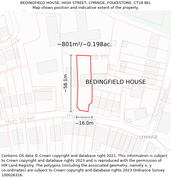 BEDINGFIELD HOUSE, HIGH STREET, LYMINGE, FOLKESTONE, CT18 8EL: Plot and title map