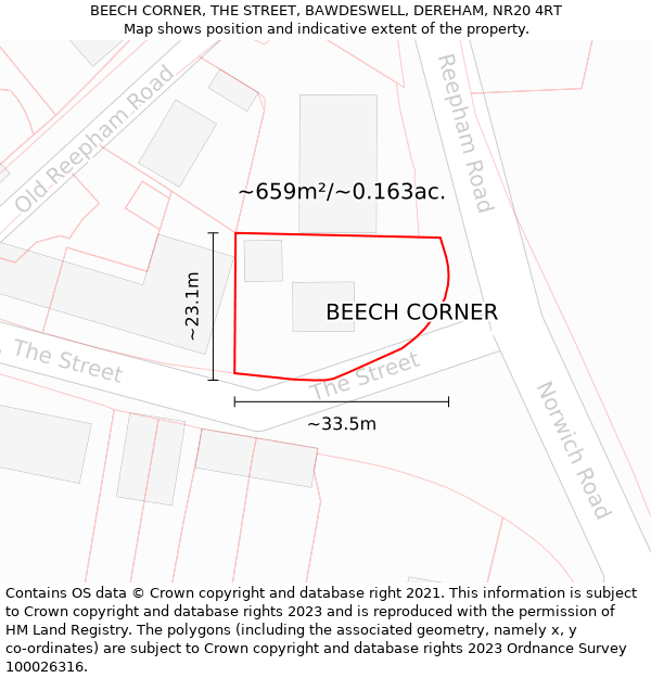 BEECH CORNER, THE STREET, BAWDESWELL, DEREHAM, NR20 4RT: Plot and title map