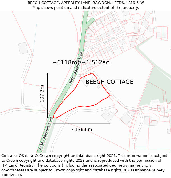 BEECH COTTAGE, APPERLEY LANE, RAWDON, LEEDS, LS19 6LW: Plot and title map