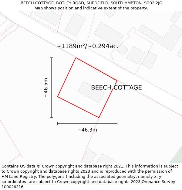 BEECH COTTAGE, BOTLEY ROAD, SHEDFIELD, SOUTHAMPTON, SO32 2JG: Plot and title map