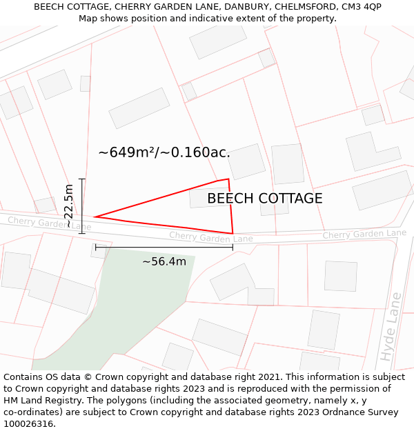 BEECH COTTAGE, CHERRY GARDEN LANE, DANBURY, CHELMSFORD, CM3 4QP: Plot and title map