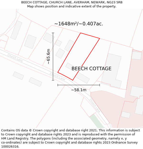 BEECH COTTAGE, CHURCH LANE, AVERHAM, NEWARK, NG23 5RB: Plot and title map