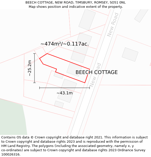 BEECH COTTAGE, NEW ROAD, TIMSBURY, ROMSEY, SO51 0NL: Plot and title map