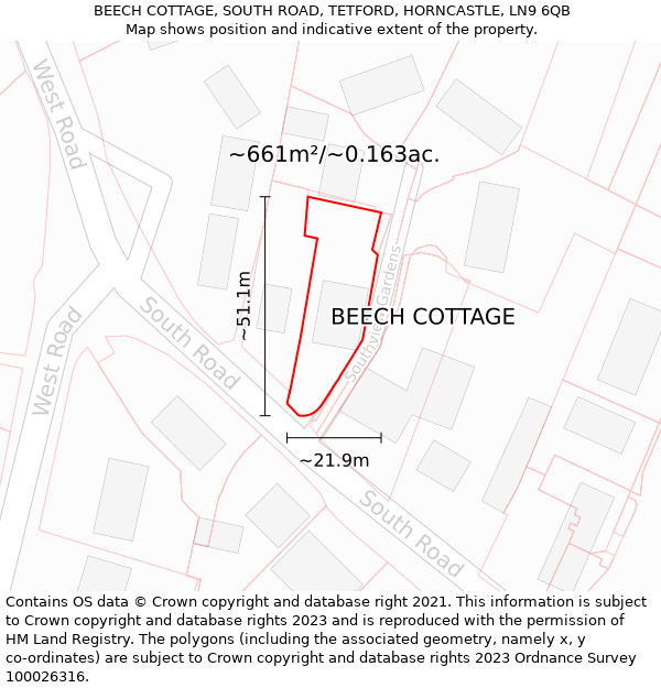 BEECH COTTAGE, SOUTH ROAD, TETFORD, HORNCASTLE, LN9 6QB: Plot and title map