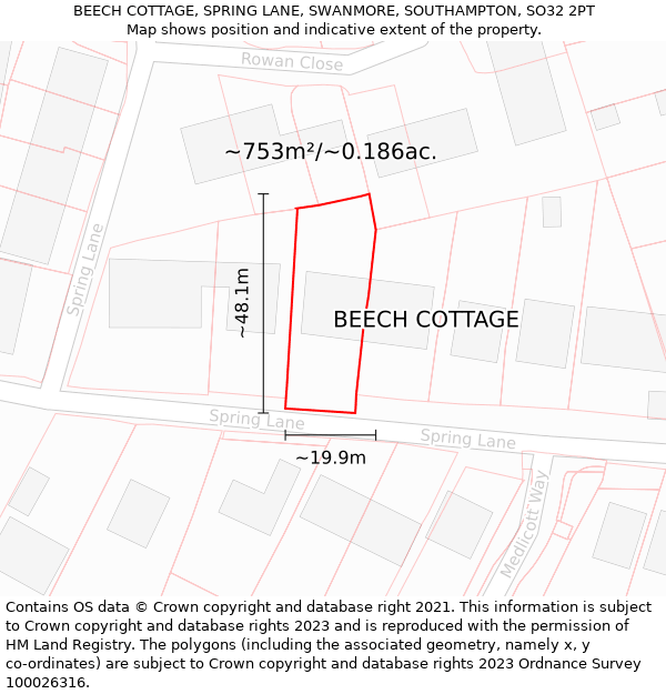 BEECH COTTAGE, SPRING LANE, SWANMORE, SOUTHAMPTON, SO32 2PT: Plot and title map