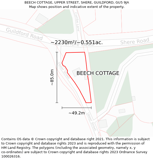 BEECH COTTAGE, UPPER STREET, SHERE, GUILDFORD, GU5 9JA: Plot and title map