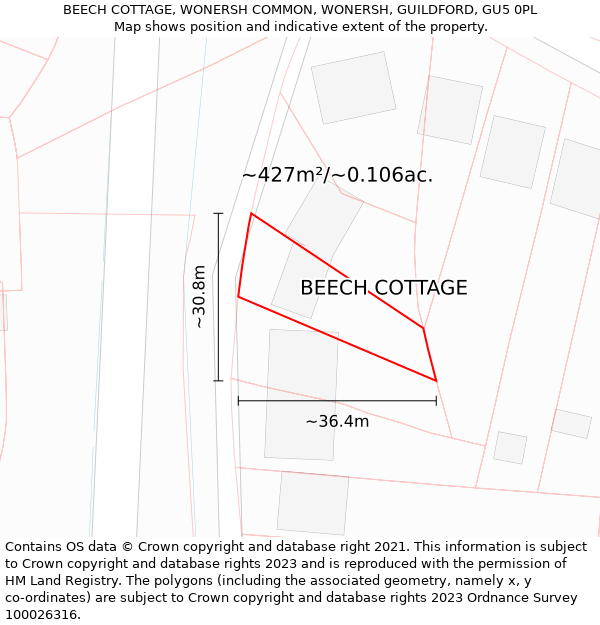 BEECH COTTAGE, WONERSH COMMON, WONERSH, GUILDFORD, GU5 0PL: Plot and title map