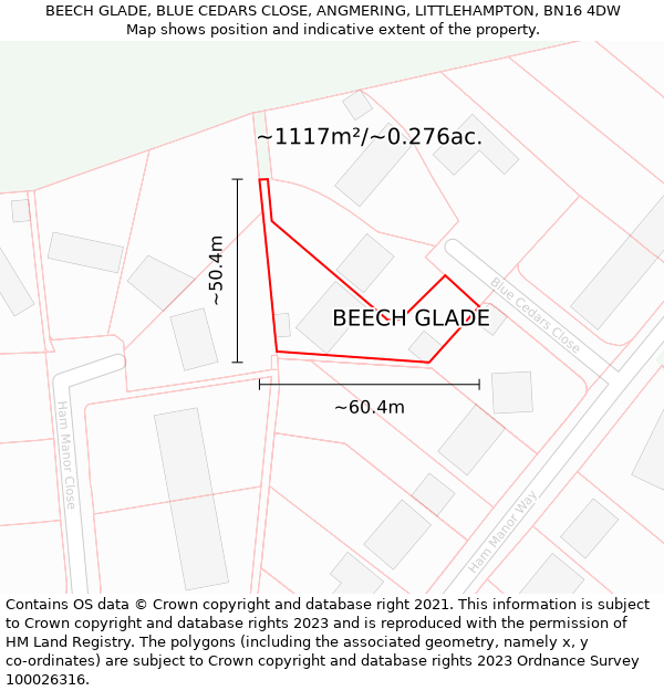 BEECH GLADE, BLUE CEDARS CLOSE, ANGMERING, LITTLEHAMPTON, BN16 4DW: Plot and title map