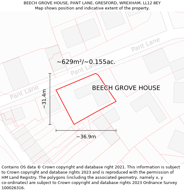 BEECH GROVE HOUSE, PANT LANE, GRESFORD, WREXHAM, LL12 8EY: Plot and title map