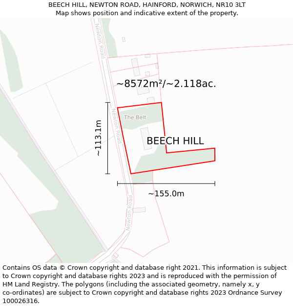 BEECH HILL, NEWTON ROAD, HAINFORD, NORWICH, NR10 3LT: Plot and title map