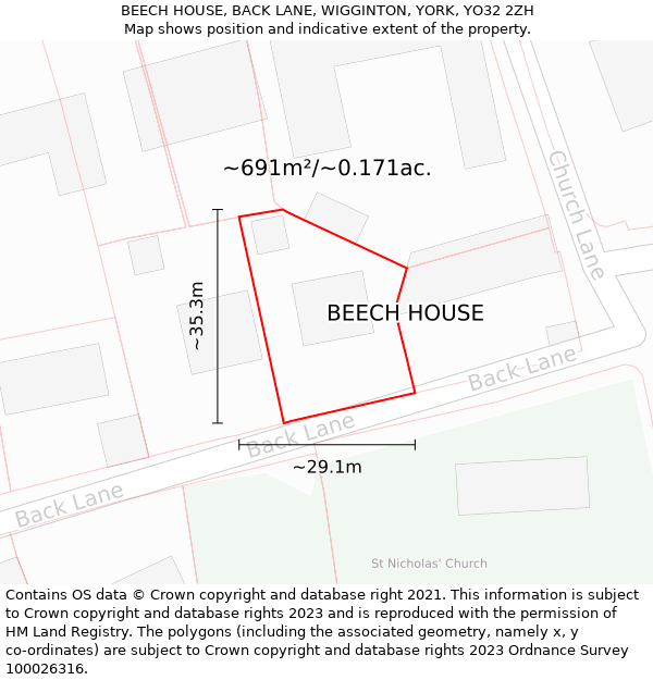 BEECH HOUSE, BACK LANE, WIGGINTON, YORK, YO32 2ZH: Plot and title map