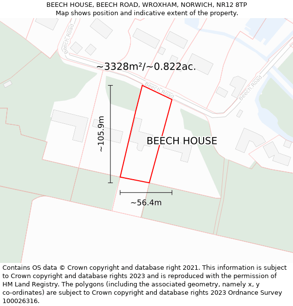 BEECH HOUSE, BEECH ROAD, WROXHAM, NORWICH, NR12 8TP: Plot and title map