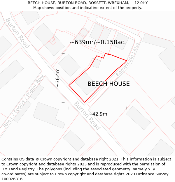 BEECH HOUSE, BURTON ROAD, ROSSETT, WREXHAM, LL12 0HY: Plot and title map