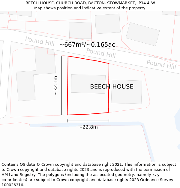 BEECH HOUSE, CHURCH ROAD, BACTON, STOWMARKET, IP14 4LW: Plot and title map