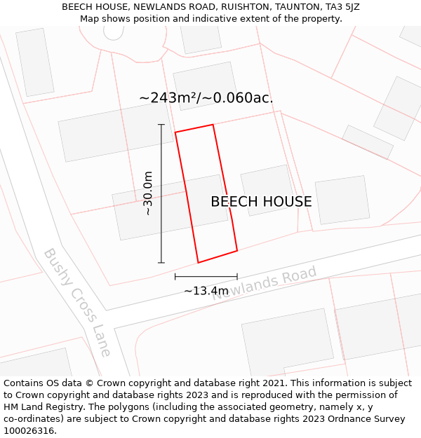 BEECH HOUSE, NEWLANDS ROAD, RUISHTON, TAUNTON, TA3 5JZ: Plot and title map