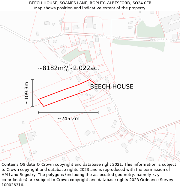 BEECH HOUSE, SOAMES LANE, ROPLEY, ALRESFORD, SO24 0ER: Plot and title map