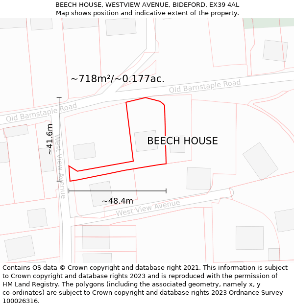 BEECH HOUSE, WESTVIEW AVENUE, BIDEFORD, EX39 4AL: Plot and title map