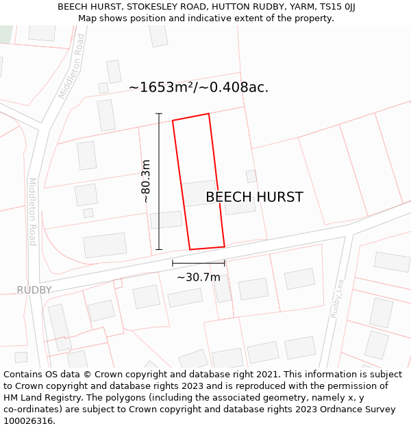 BEECH HURST, STOKESLEY ROAD, HUTTON RUDBY, YARM, TS15 0JJ: Plot and title map