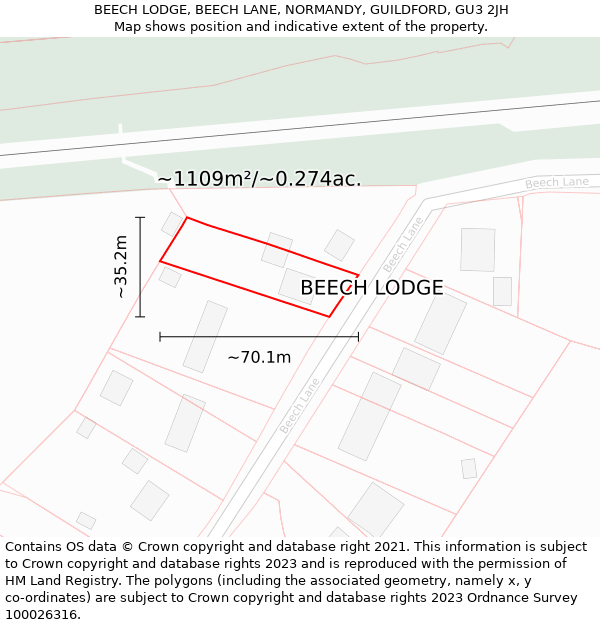 BEECH LODGE, BEECH LANE, NORMANDY, GUILDFORD, GU3 2JH: Plot and title map