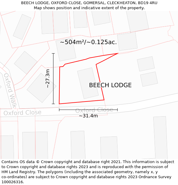 BEECH LODGE, OXFORD CLOSE, GOMERSAL, CLECKHEATON, BD19 4RU: Plot and title map