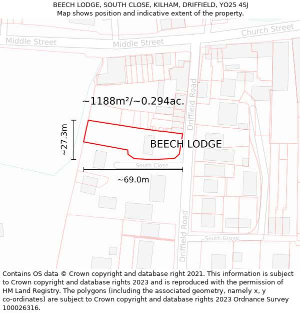 BEECH LODGE, SOUTH CLOSE, KILHAM, DRIFFIELD, YO25 4SJ: Plot and title map