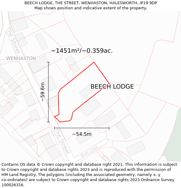 BEECH LODGE, THE STREET, WENHASTON, HALESWORTH, IP19 9DP: Plot and title map