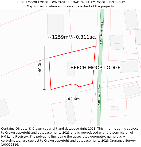 BEECH MOOR LODGE, DONCASTER ROAD, WHITLEY, GOOLE, DN14 0HY: Plot and title map