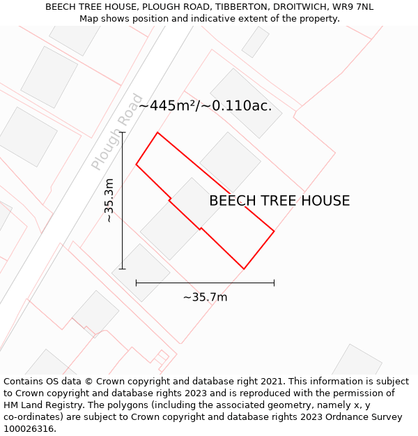 BEECH TREE HOUSE, PLOUGH ROAD, TIBBERTON, DROITWICH, WR9 7NL: Plot and title map