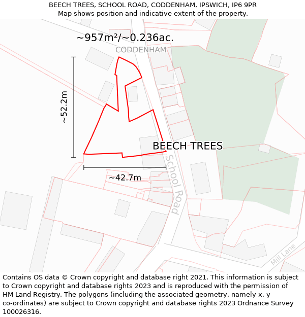 BEECH TREES, SCHOOL ROAD, CODDENHAM, IPSWICH, IP6 9PR: Plot and title map