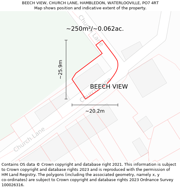 BEECH VIEW, CHURCH LANE, HAMBLEDON, WATERLOOVILLE, PO7 4RT: Plot and title map