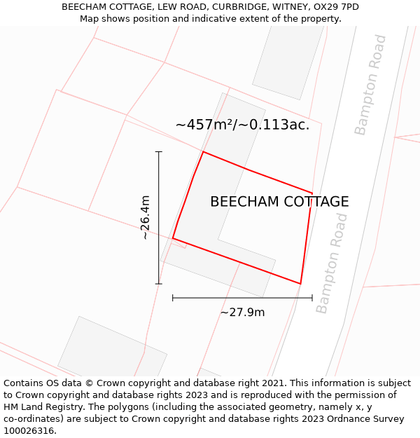 BEECHAM COTTAGE, LEW ROAD, CURBRIDGE, WITNEY, OX29 7PD: Plot and title map