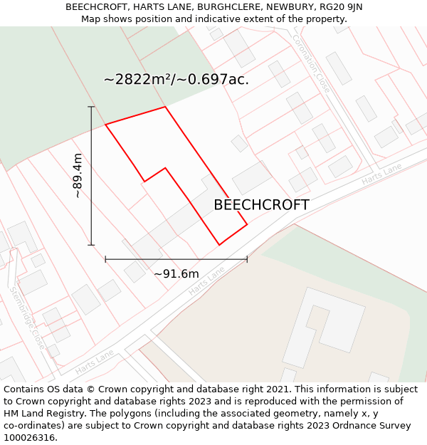 BEECHCROFT, HARTS LANE, BURGHCLERE, NEWBURY, RG20 9JN: Plot and title map