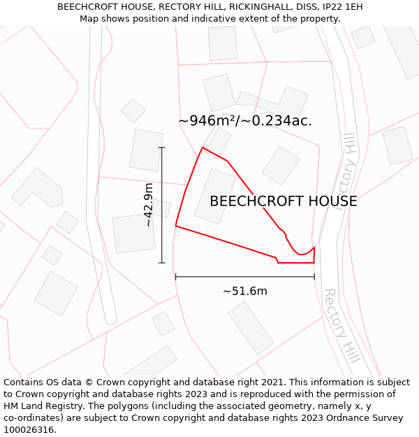 BEECHCROFT HOUSE, RECTORY HILL, RICKINGHALL, DISS, IP22 1EH: Plot and title map