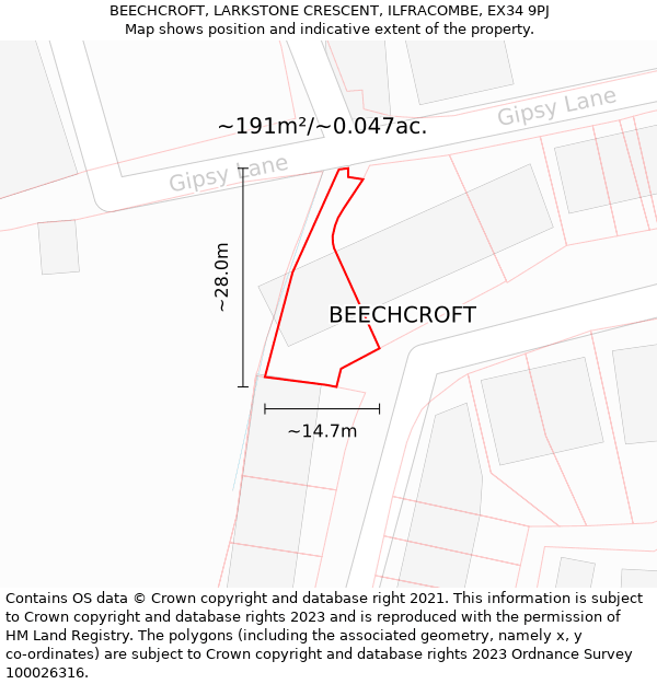 BEECHCROFT, LARKSTONE CRESCENT, ILFRACOMBE, EX34 9PJ: Plot and title map