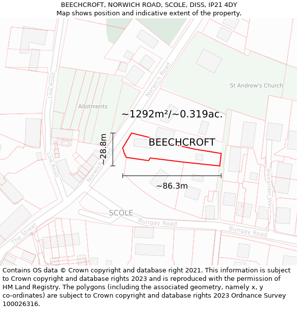 BEECHCROFT, NORWICH ROAD, SCOLE, DISS, IP21 4DY: Plot and title map