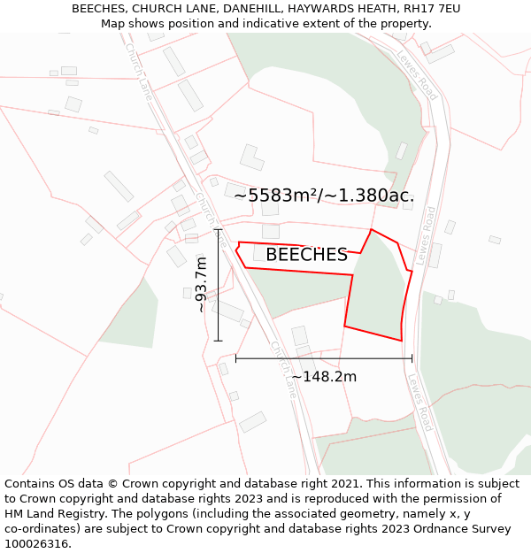 BEECHES, CHURCH LANE, DANEHILL, HAYWARDS HEATH, RH17 7EU: Plot and title map