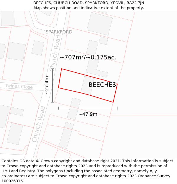 BEECHES, CHURCH ROAD, SPARKFORD, YEOVIL, BA22 7JN: Plot and title map