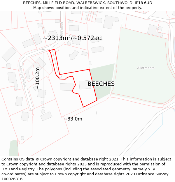 BEECHES, MILLFIELD ROAD, WALBERSWICK, SOUTHWOLD, IP18 6UD: Plot and title map