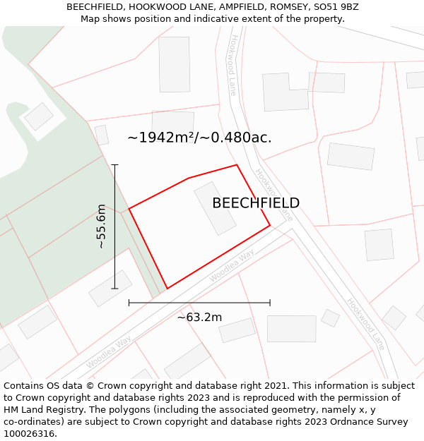 BEECHFIELD, HOOKWOOD LANE, AMPFIELD, ROMSEY, SO51 9BZ: Plot and title map