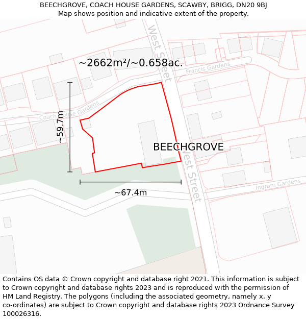 BEECHGROVE, COACH HOUSE GARDENS, SCAWBY, BRIGG, DN20 9BJ: Plot and title map