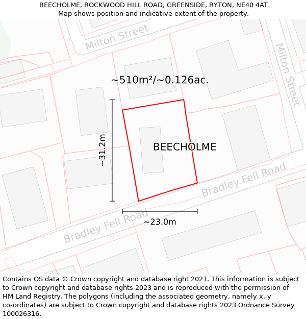 BEECHOLME, ROCKWOOD HILL ROAD, GREENSIDE, RYTON, NE40 4AT: Plot and title map