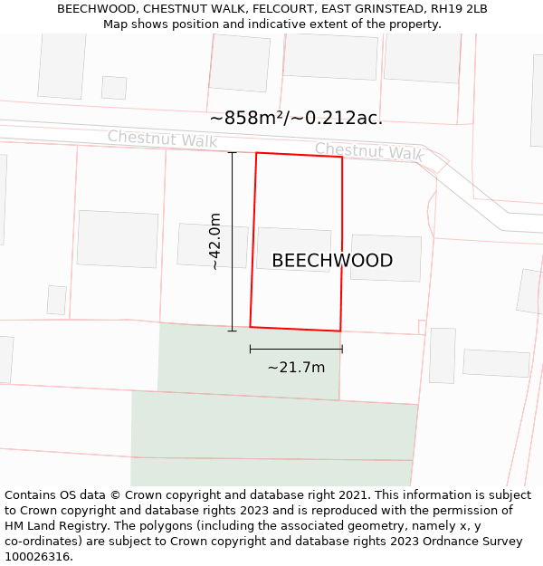 BEECHWOOD, CHESTNUT WALK, FELCOURT, EAST GRINSTEAD, RH19 2LB: Plot and title map