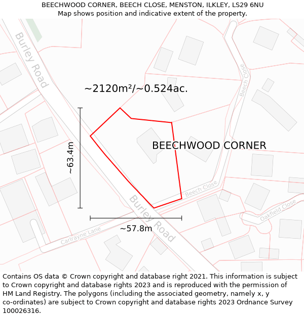 BEECHWOOD CORNER, BEECH CLOSE, MENSTON, ILKLEY, LS29 6NU: Plot and title map