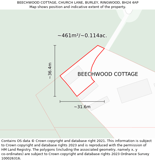 BEECHWOOD COTTAGE, CHURCH LANE, BURLEY, RINGWOOD, BH24 4AP: Plot and title map