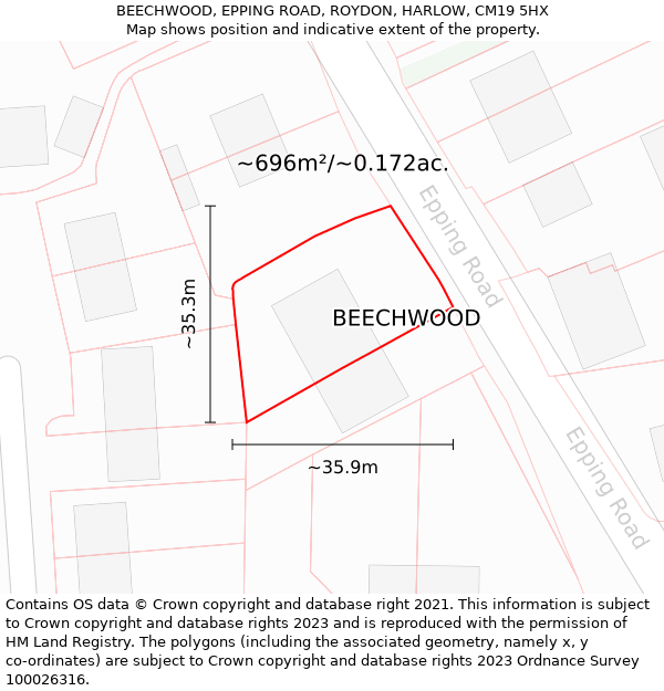 BEECHWOOD, EPPING ROAD, ROYDON, HARLOW, CM19 5HX: Plot and title map