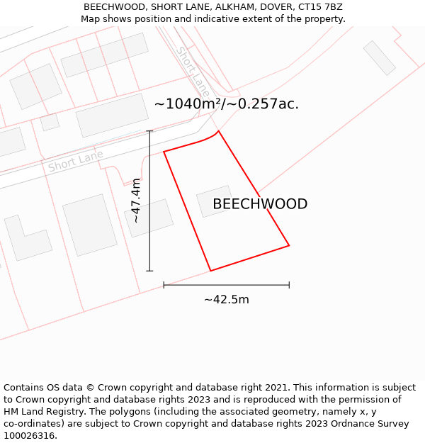 BEECHWOOD, SHORT LANE, ALKHAM, DOVER, CT15 7BZ: Plot and title map